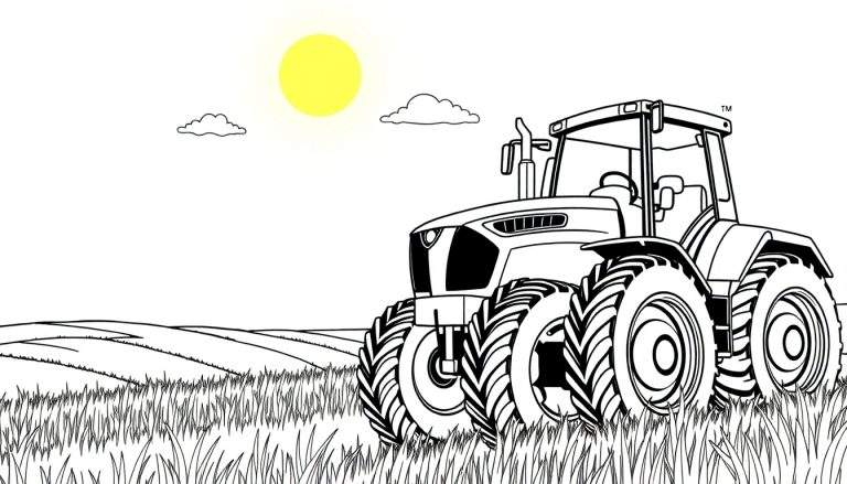 Dessin au trait d'un tracteur dans un champ, prêt à être colorié avec un color panel.