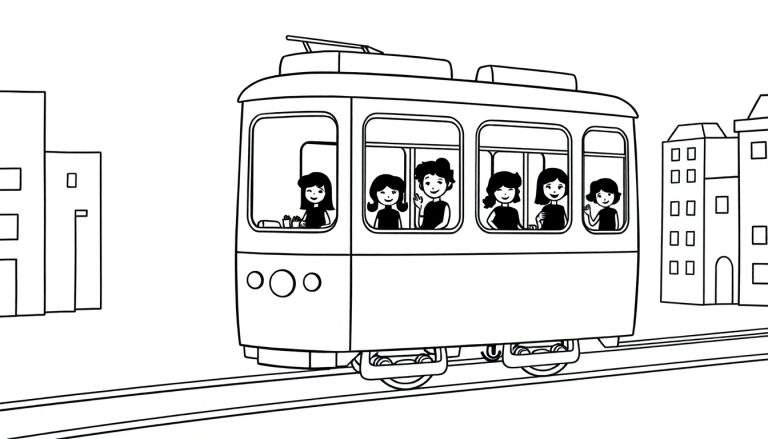 Dessin au trait simple d'un tramway coloré en mouvement dans une ville avec des passagers dans les fenêtres, comme dans un color panel.