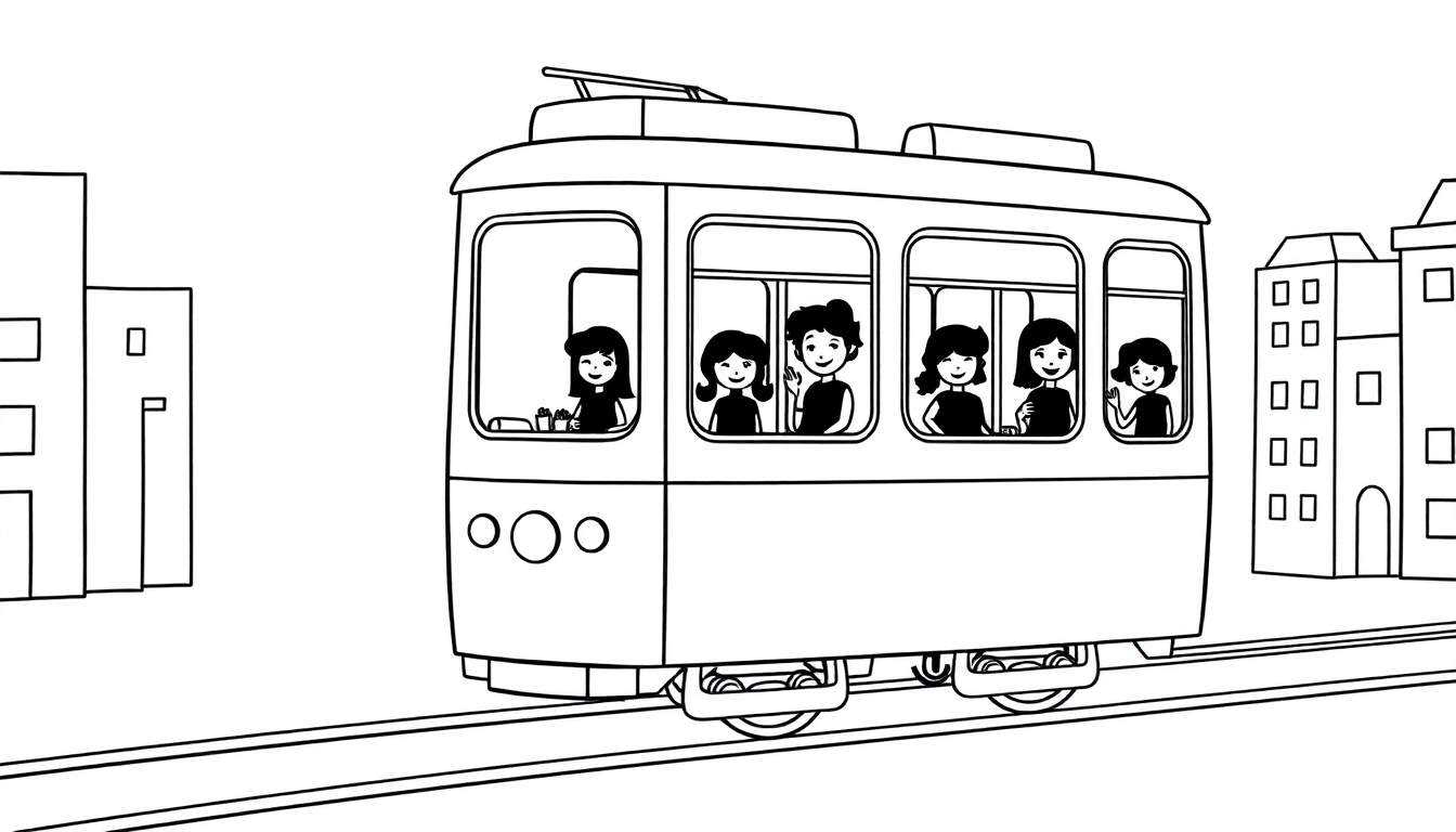 Dessin au trait simple d'un tramway coloré en mouvement dans une ville avec des passagers dans les fenêtres, comme dans un color panel.
