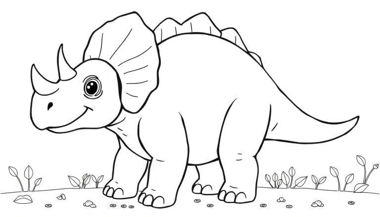 Un dessin au trait d'un tricératops souriant, prêt à être colorié, avec des cornes et une collerette.