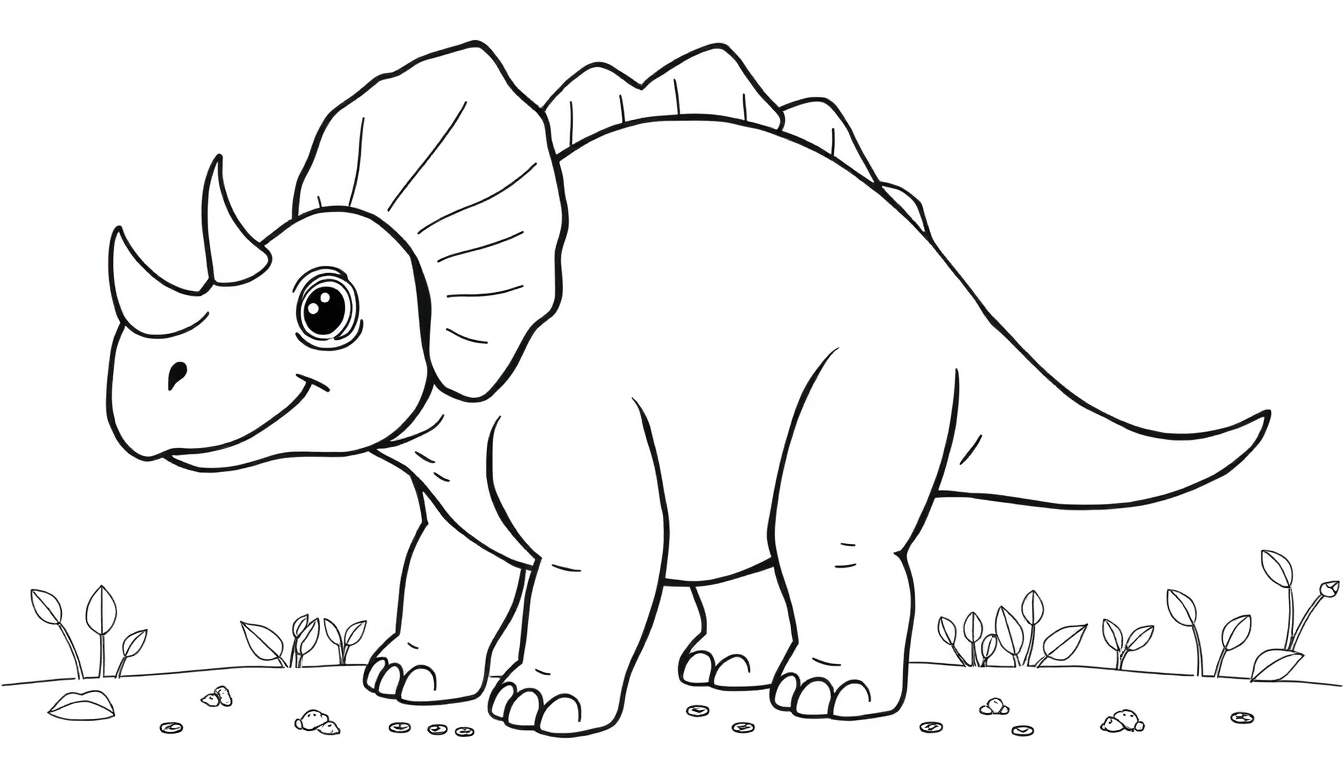 Un dessin au trait d'un tricératops souriant, prêt à être colorié, avec des cornes et une collerette.