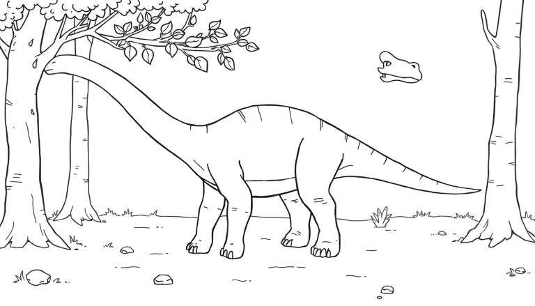 Dessin au trait d'un diplodocus mangeant des feuilles avec un crâne de dinosaure au-dessus.