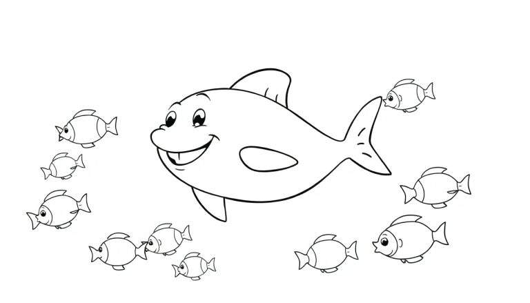 Un gros poisson amical souriant entouré de petits poissons dans un dessin au trait noir et blanc.