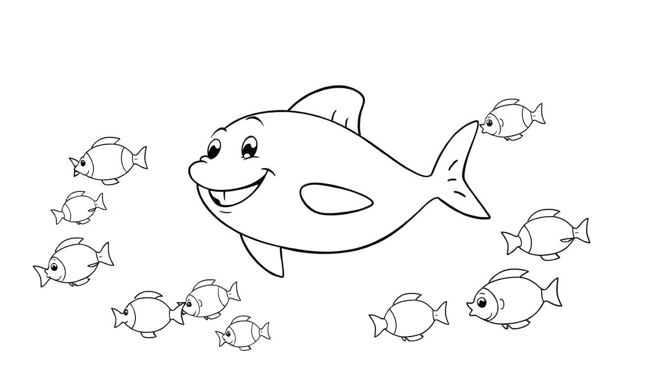 Un gros poisson amical souriant entouré de petits poissons dans un dessin au trait noir et blanc.