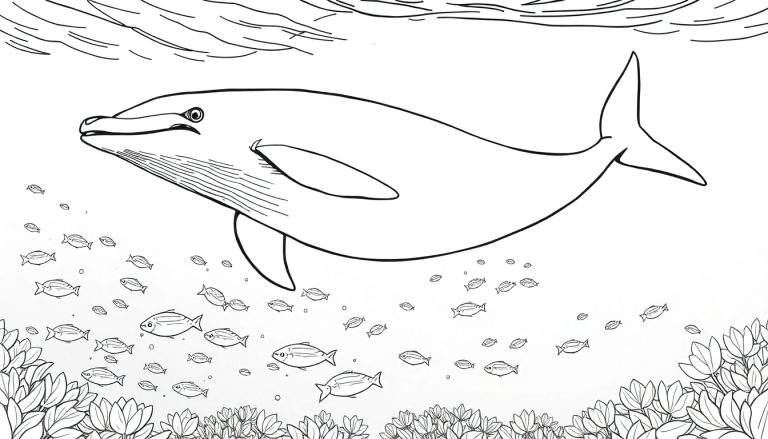 Un grand dauphin nageant dans l'océan, avec de petits poissons et des plantes aquatiques en dessous, le tout dans un dessin au trait simple.