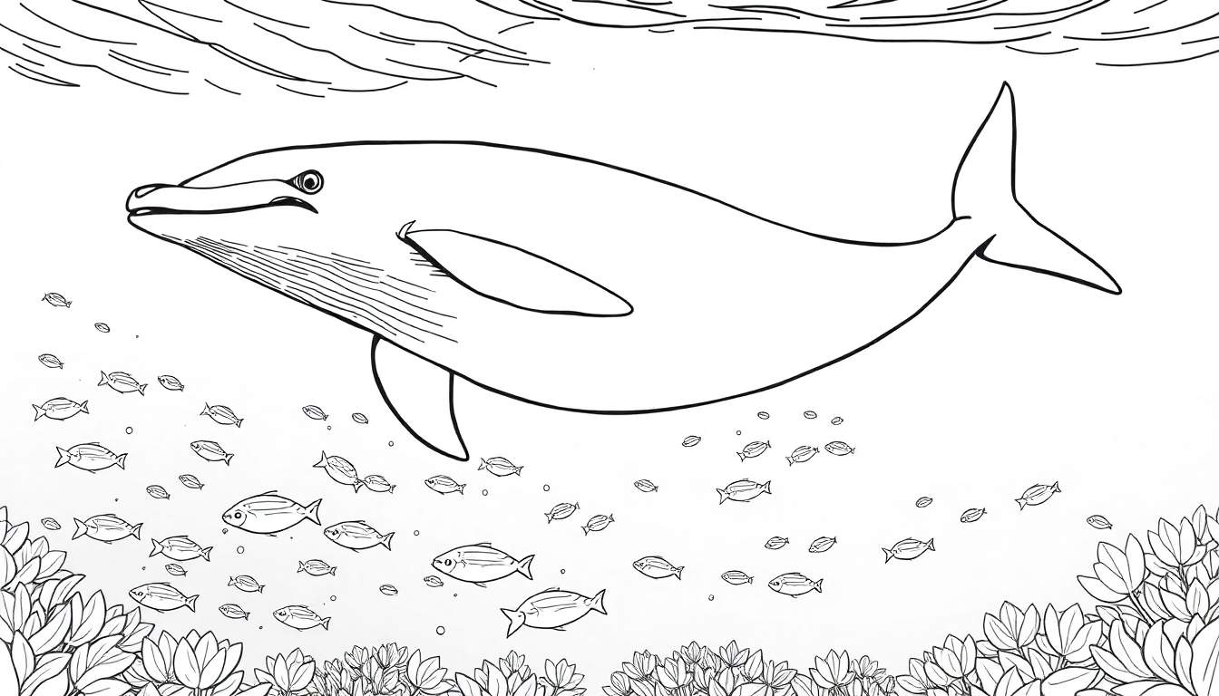 Un grand dauphin nageant dans l'océan, avec de petits poissons et des plantes aquatiques en dessous, le tout dans un dessin au trait simple.