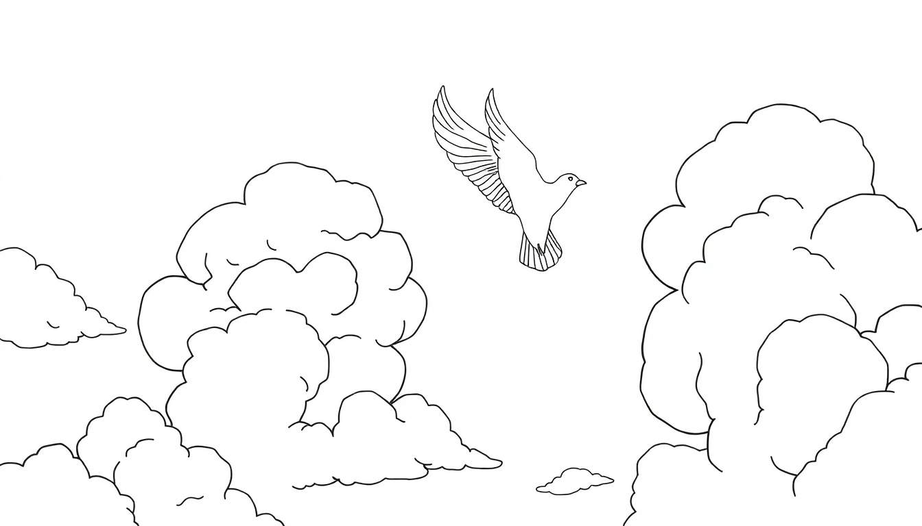 Un dessin au trait d'un ciel avec des nuages et un oiseau, prêt pour le color panel.