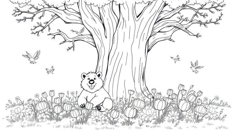Un ours souriant est assis sous un arbre fleuri, avec des oiseaux en vol. Parfait pour un color panel.
