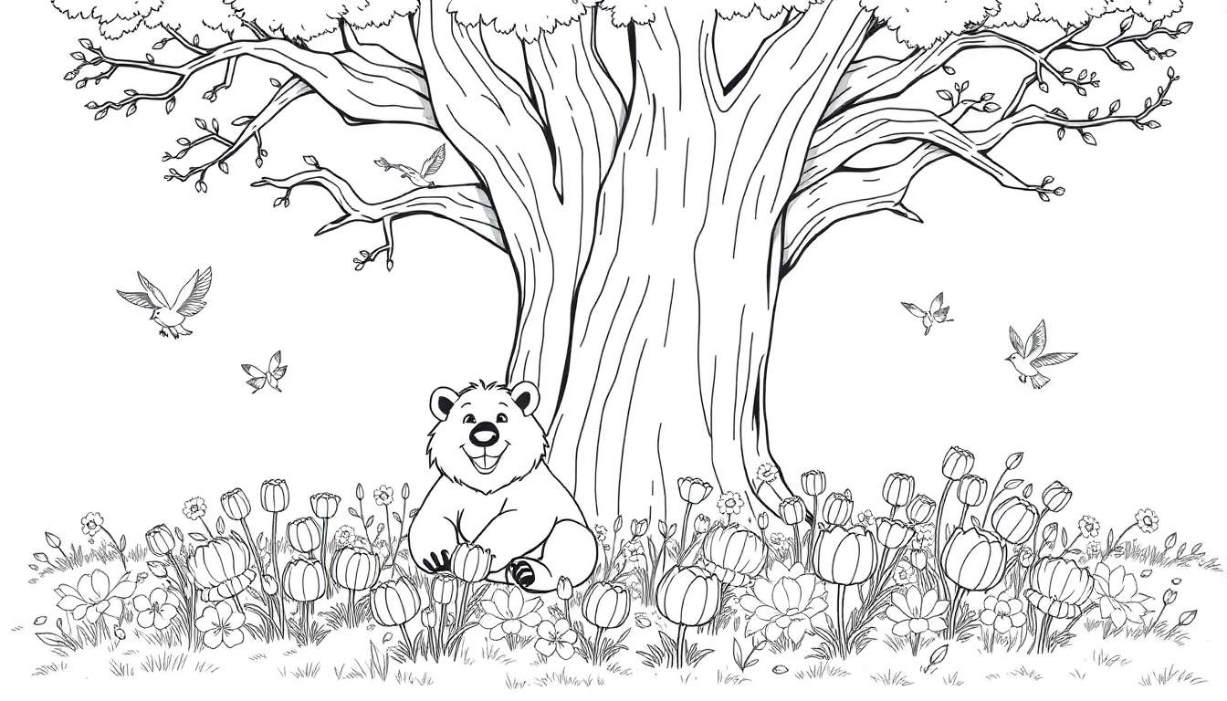 Un ours souriant est assis sous un arbre fleuri, avec des oiseaux en vol. Parfait pour un color panel.