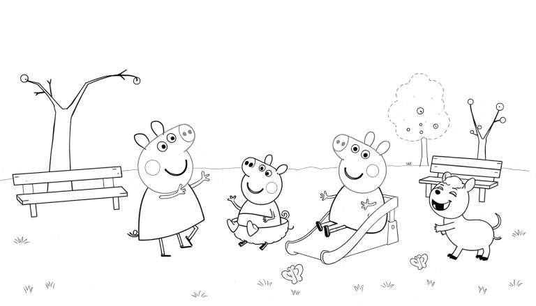 Peppa Pig, George Pig, Maman Pig et Danny Dog dans un parc avec des arbres et un toboggan, des papillons volent autour.