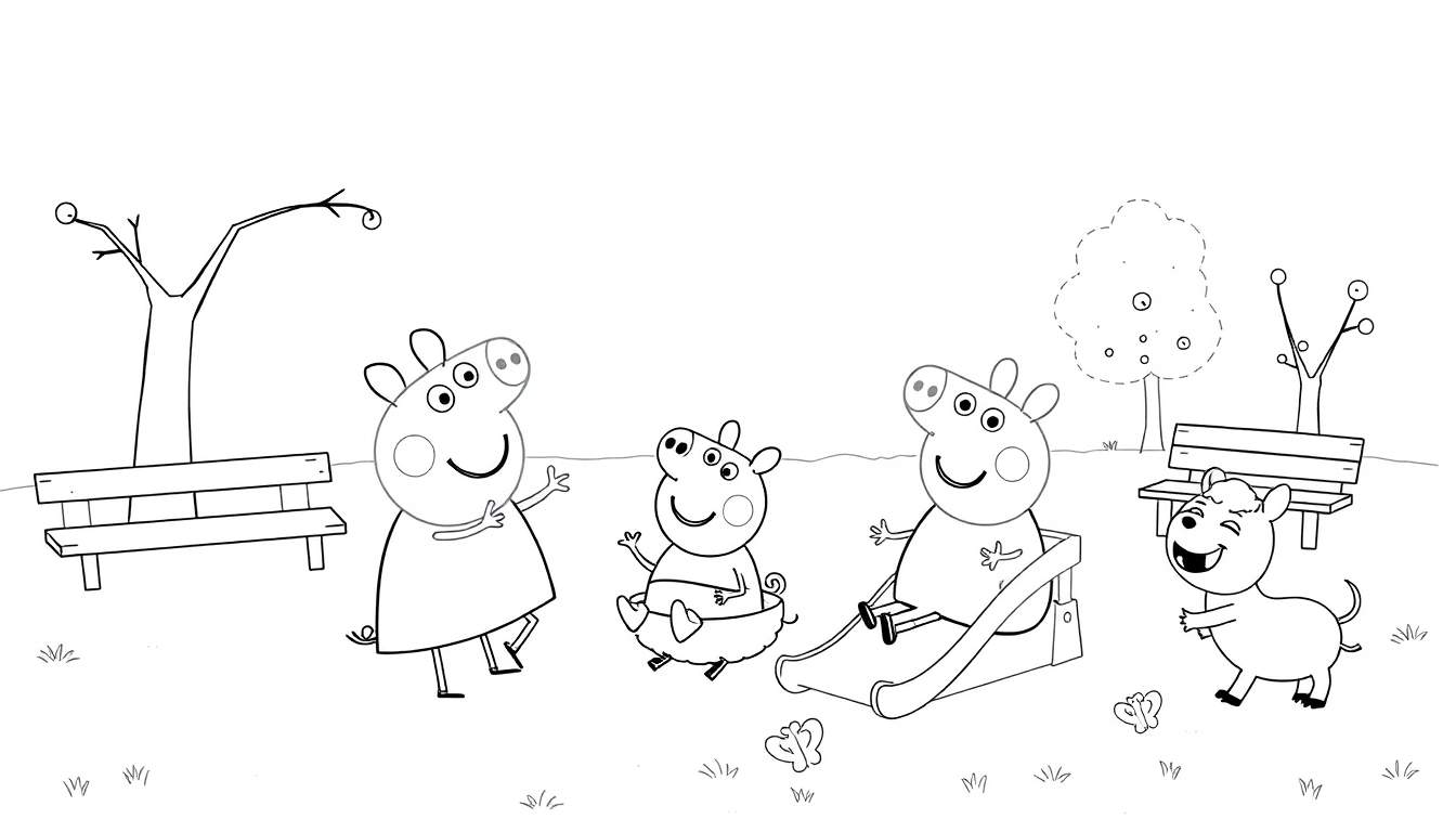 Peppa Pig, George Pig, Maman Pig et Danny Dog dans un parc avec des arbres et un toboggan, des papillons volent autour.