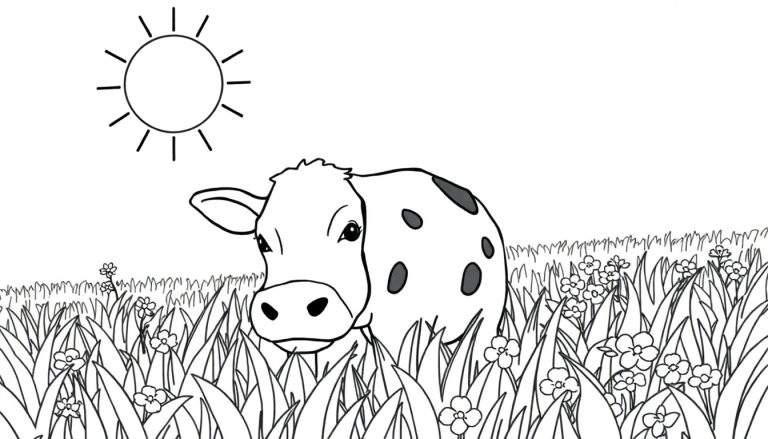 Un dessin au trait noir et blanc d'une vache tachetée dans un champ avec des fleurs et un soleil, style coloriage.