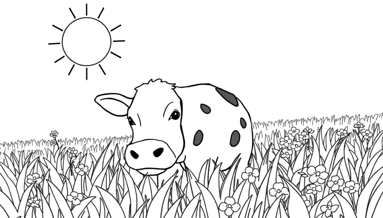 Un dessin au trait noir et blanc d'une vache tachetée dans un champ avec des fleurs et un soleil, style coloriage.