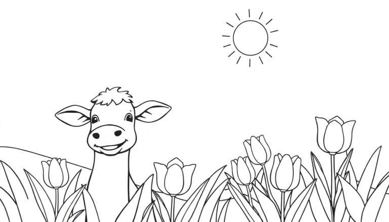 Une vache souriante dans un pré avec des tulipes et un soleil, un dessin de coloriage pour enfants.
