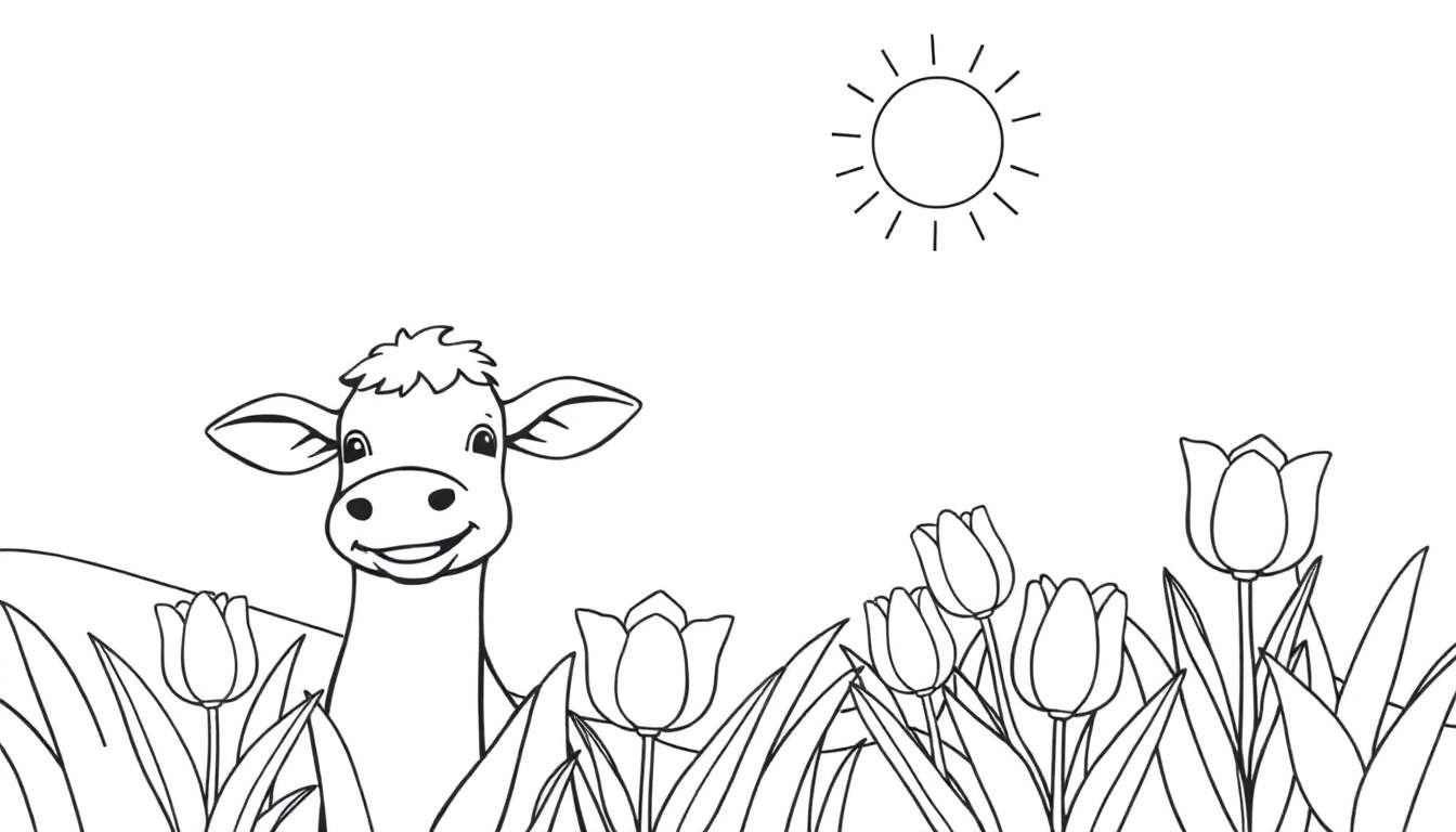 Une vache souriante dans un pré avec des tulipes et un soleil, un dessin de coloriage pour enfants.