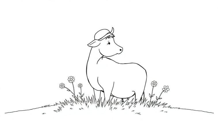 Dessin au trait d'une vache portant un chapeau dans l'herbe avec des fleurs, regardant vers la droite.