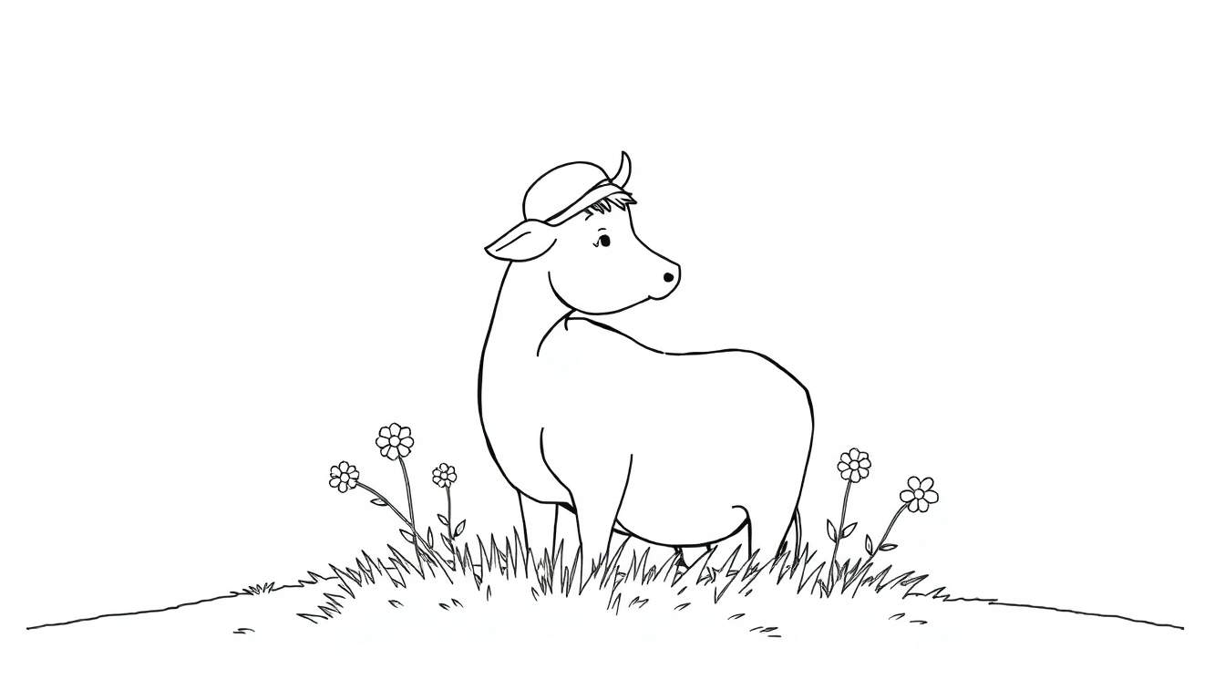 Dessin au trait d'une vache portant un chapeau dans l'herbe avec des fleurs, regardant vers la droite.
