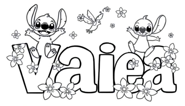 Colour plate of the name Vailea with Stitch and flowers.