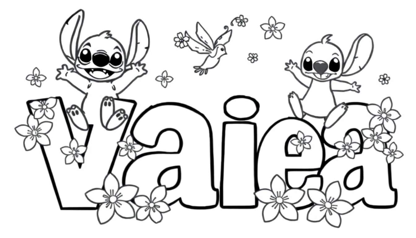 Colour plate of the name Vailea with Stitch and flowers.