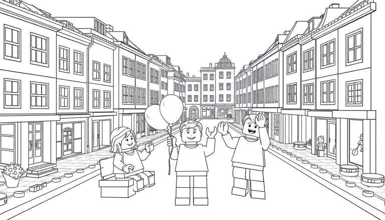 Une illustration en noir et blanc de style bande dessinée d'une rue européenne avec des personnages Lego souriants et un color panel.