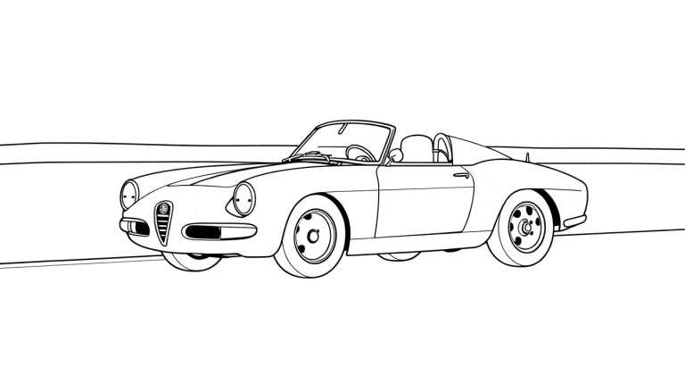 Dessin au trait d'une voiture décapotable classique rouge, prête à être colorée avec un color panel.
