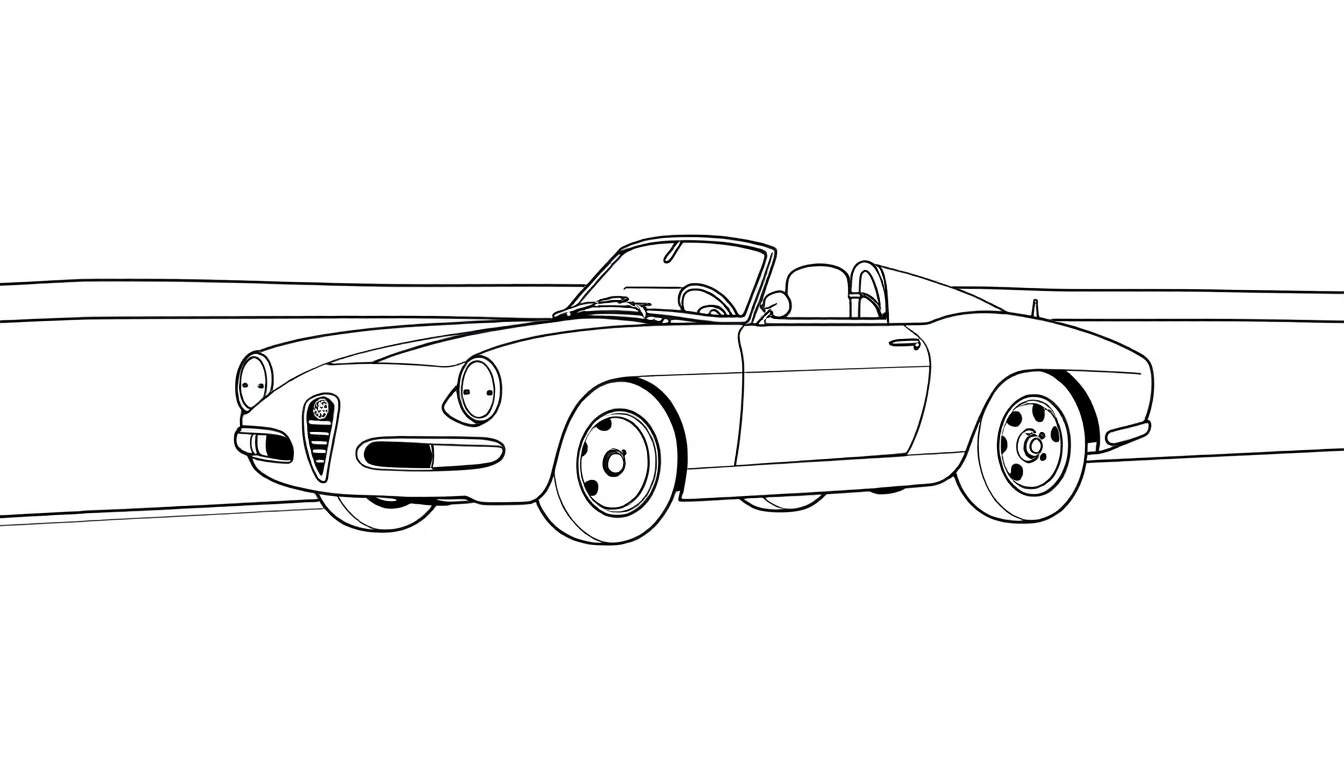 Dessin au trait d'une voiture décapotable classique rouge, prête à être colorée avec un color panel.