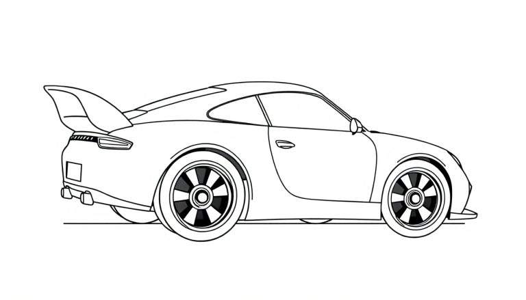 Une voiture de sport dessinée au trait avec un grand aileron et des jantes stylées, représentant un color panel de vitesse.