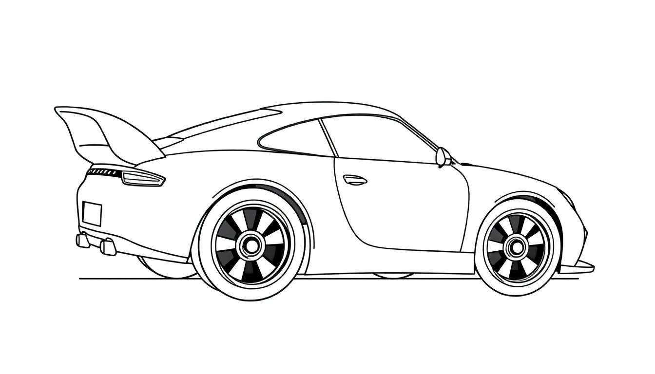 Une voiture de sport dessinée au trait avec un grand aileron et des jantes stylées, représentant un color panel de vitesse.