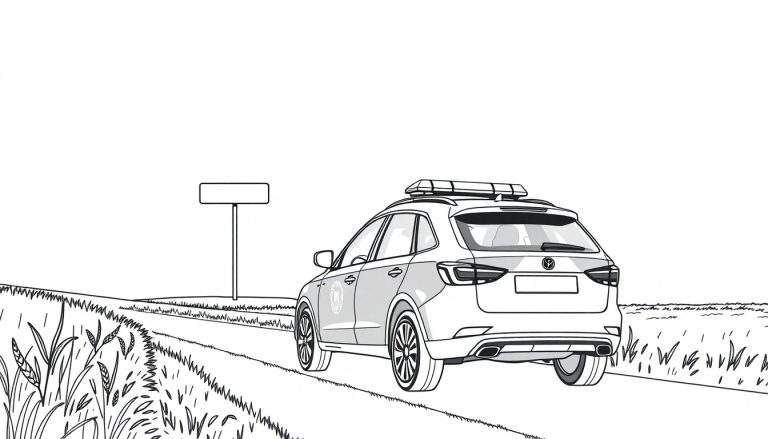 Une voiture de police dessinée, vue de l'arrière, sur une route de campagne bordée d'herbes hautes, avec un panneau de signalisation vide sur la gauche.