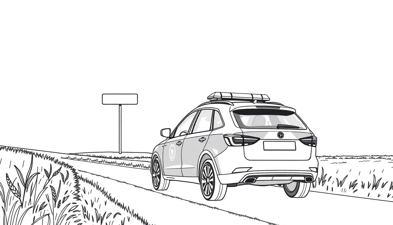 Une voiture de police dessinée, vue de l'arrière, sur une route de campagne bordée d'herbes hautes, avec un panneau de signalisation vide sur la gauche.