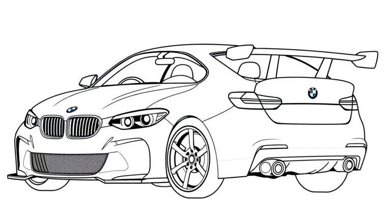 Dessin au trait noir et blanc d'une voiture de sport BMW vue de face et de trois quarts, prête à être coloriée avec un grand aileron arrière et des détails stylisés. Le dessin est sur un fond blanc, le texte « Color Panel » est présent.