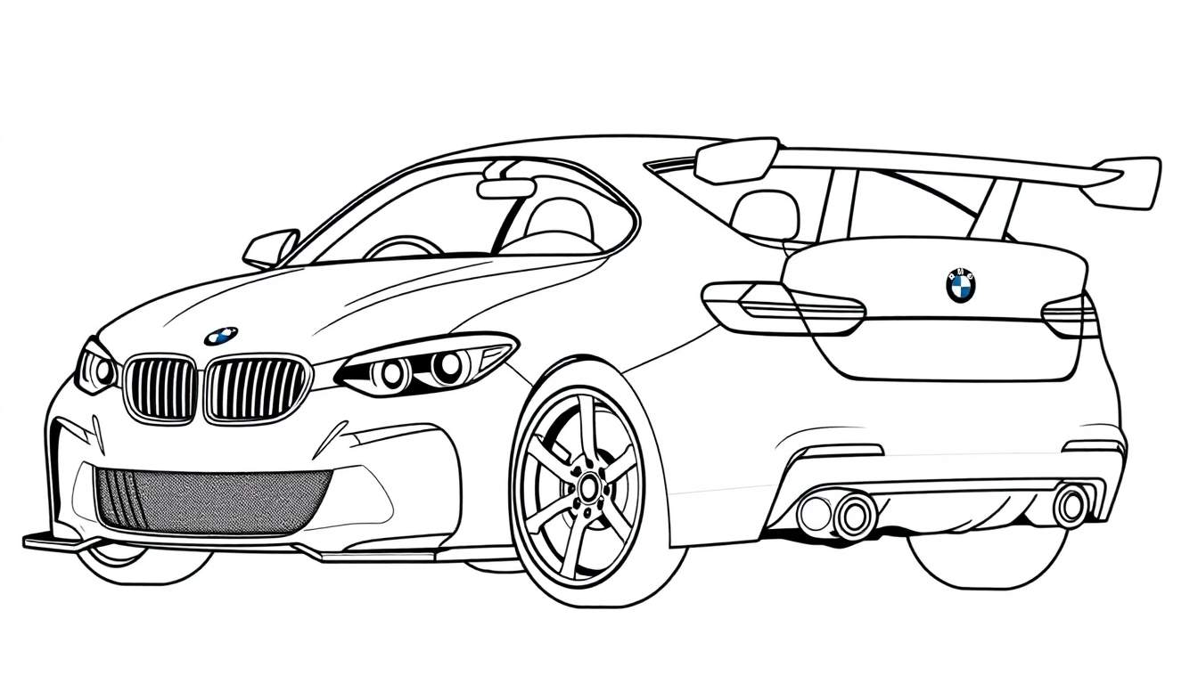 Dessin au trait noir et blanc d'une voiture de sport BMW vue de face et de trois quarts, prête à être coloriée avec un grand aileron arrière et des détails stylisés. Le dessin est sur un fond blanc, le texte « Color Panel » est présent.
