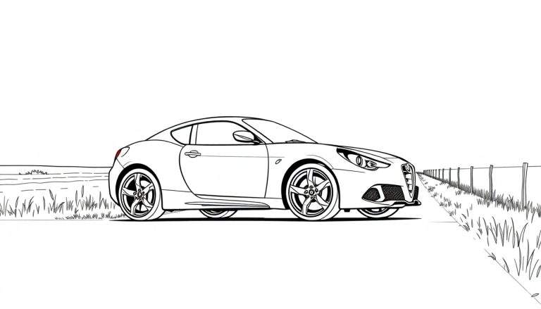 Dessin au trait d'une voiture de sport rouge, type Alfa Romeo 4C, garée sur le bord d'une route de campagne herbeuse.