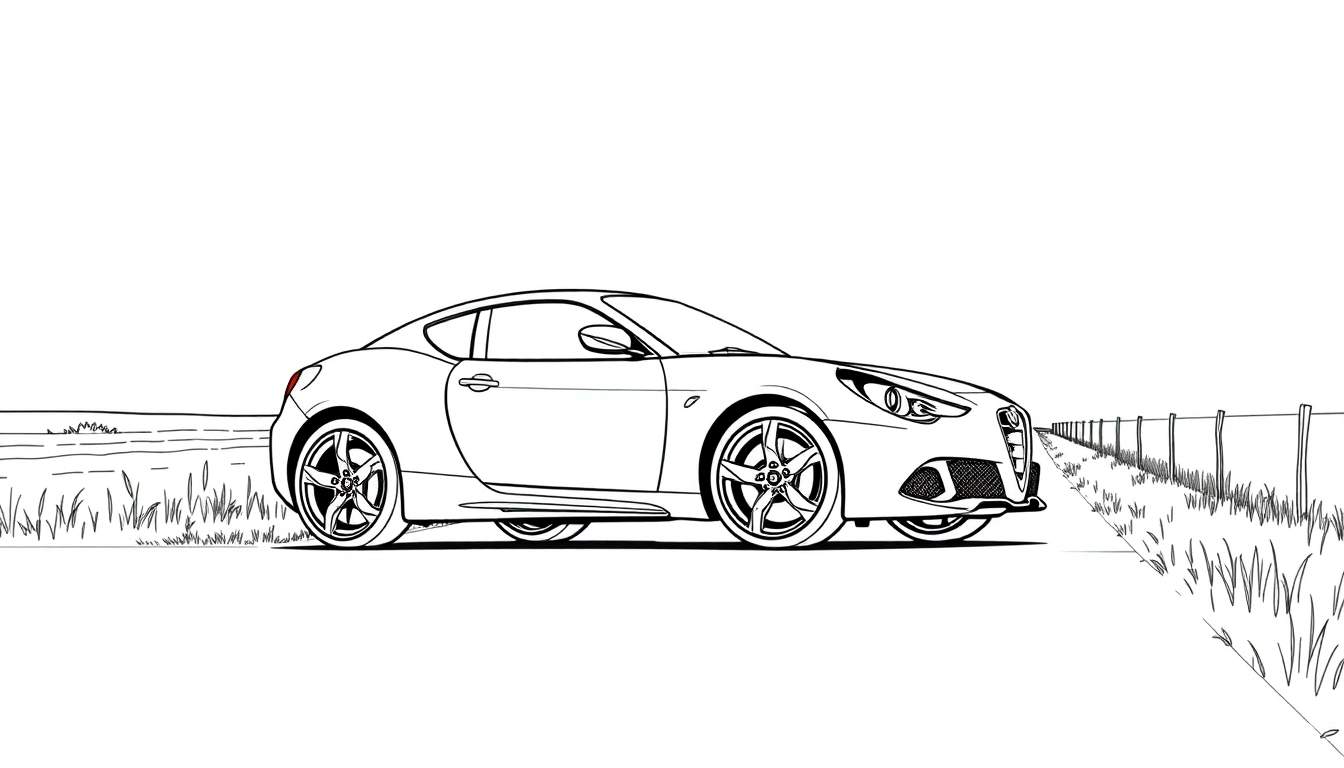 Dessin au trait d'une voiture de sport rouge, type Alfa Romeo 4C, garée sur le bord d'une route de campagne herbeuse.