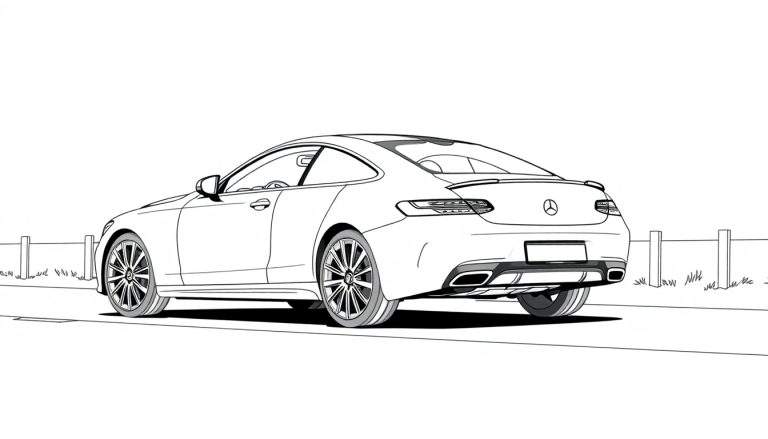 Dessin au trait d'une voiture de sport Mercedes-Benz sur une chaussée, avec de l'herbe et des poteaux.