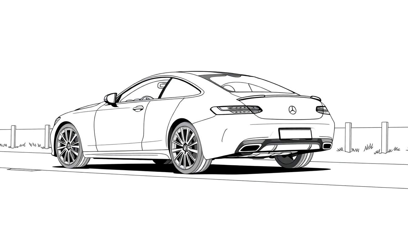 Dessin au trait d'une voiture de sport Mercedes-Benz sur une chaussée, avec de l'herbe et des poteaux.