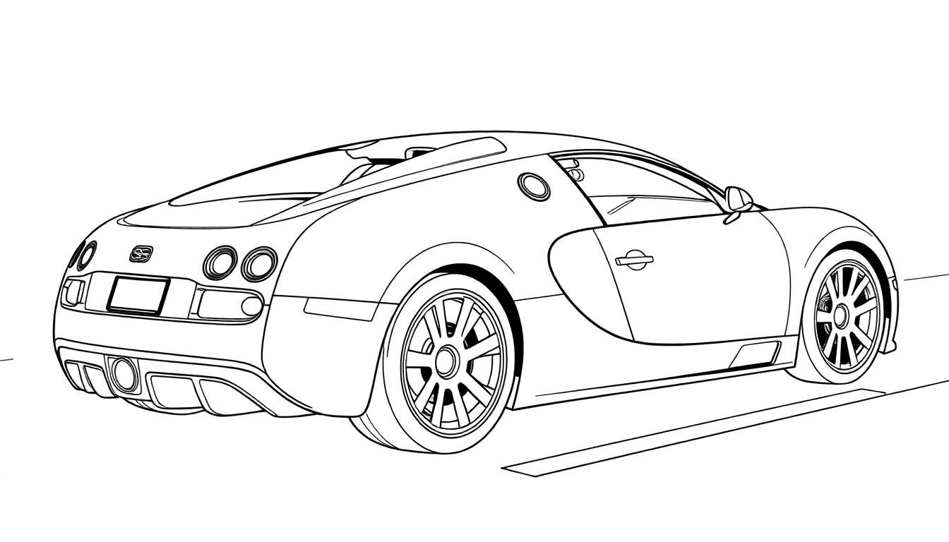 Dessin au trait arrière d'une voiture de sport type Bugatti Veyron, prêt pour coloriage avec un color panel.