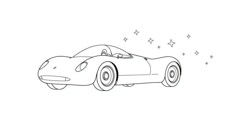 Une voiture de sport dessinée en noir et blanc, entourée d'étoiles, avec des lignes rapides.