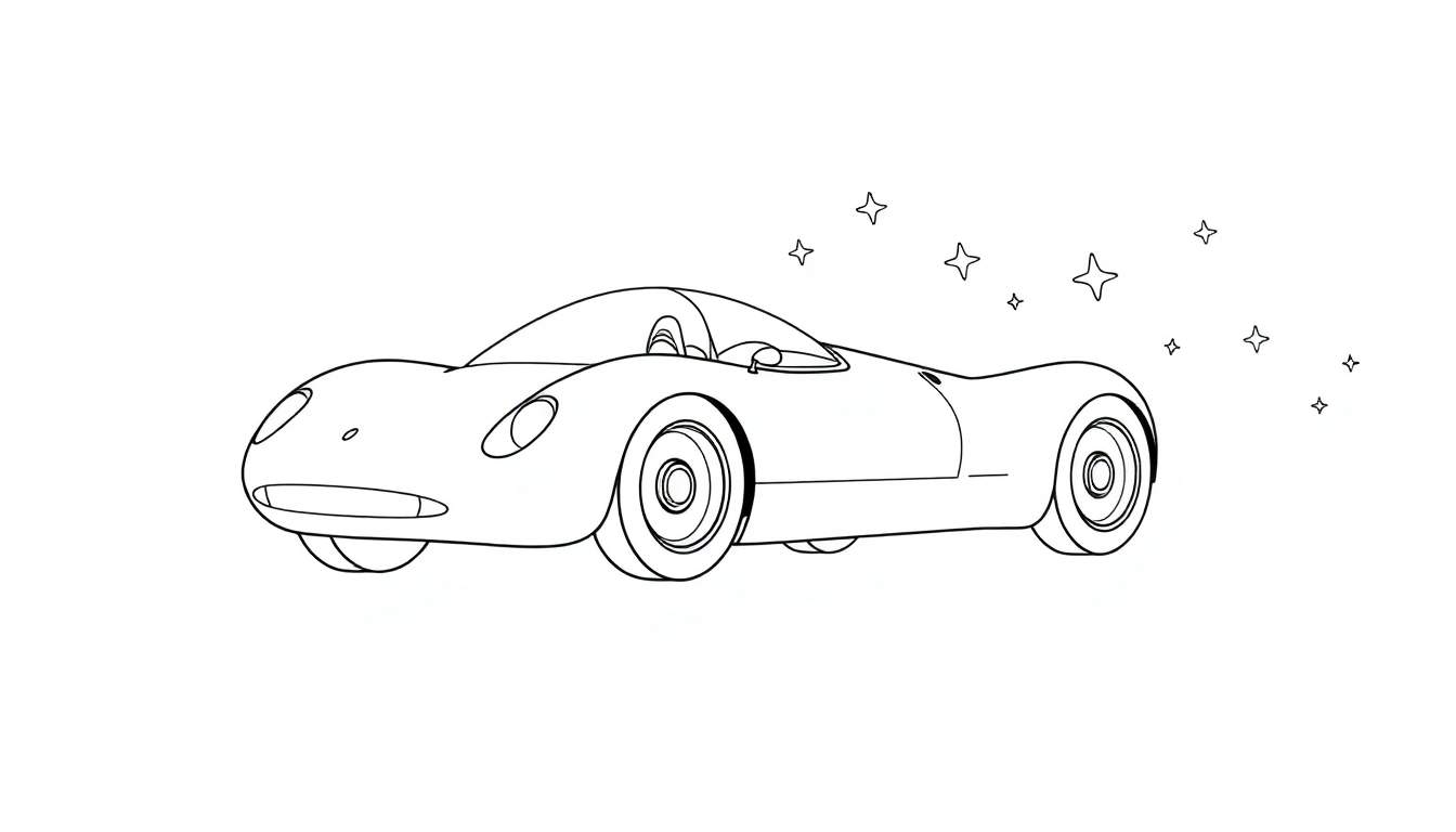 Une voiture de sport dessinée en noir et blanc, entourée d'étoiles, avec des lignes rapides.