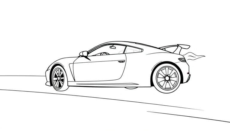 Une voiture de sport dessinée en noir et blanc, avec des lignes suggérant la vitesse et des flammes sortant de l'échappement. Ce dessin est parfait pour un color panel.
