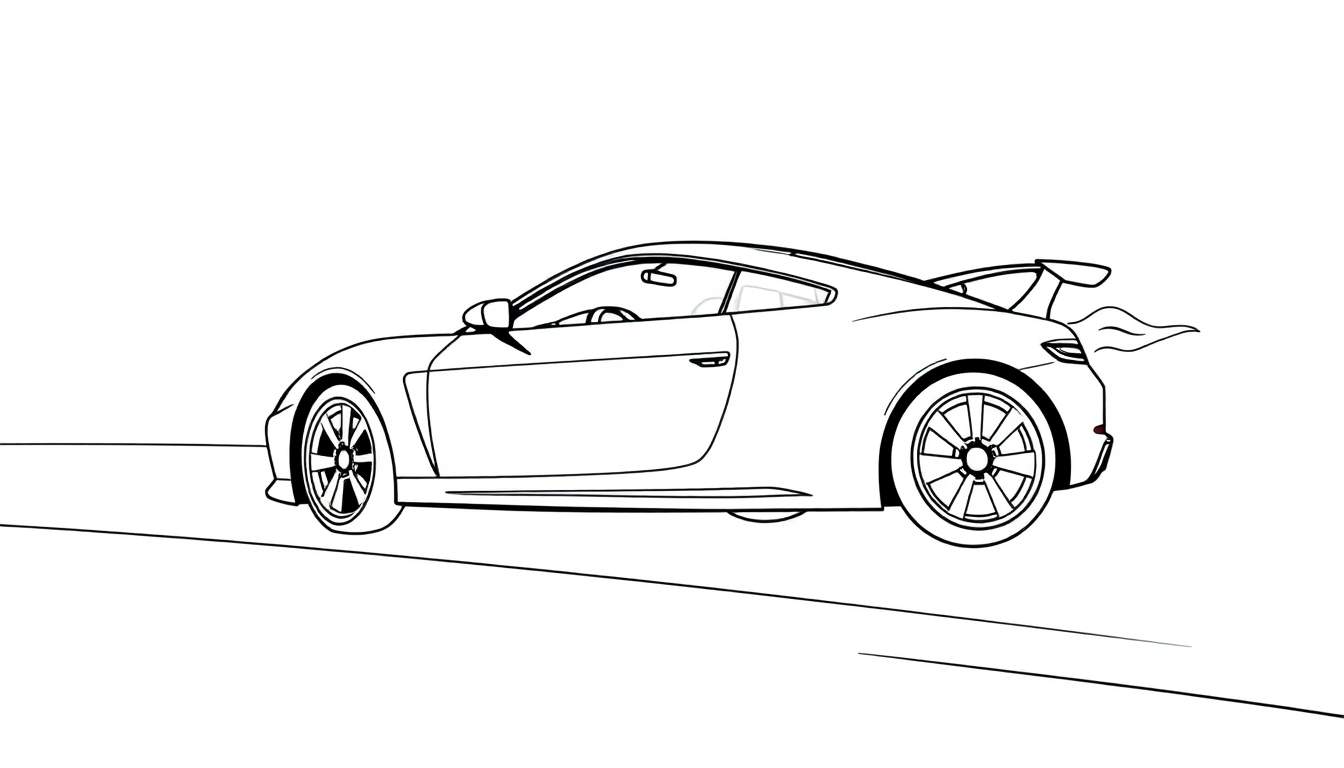 Une voiture de sport dessinée en noir et blanc, avec des lignes suggérant la vitesse et des flammes sortant de l'échappement. Ce dessin est parfait pour un color panel.