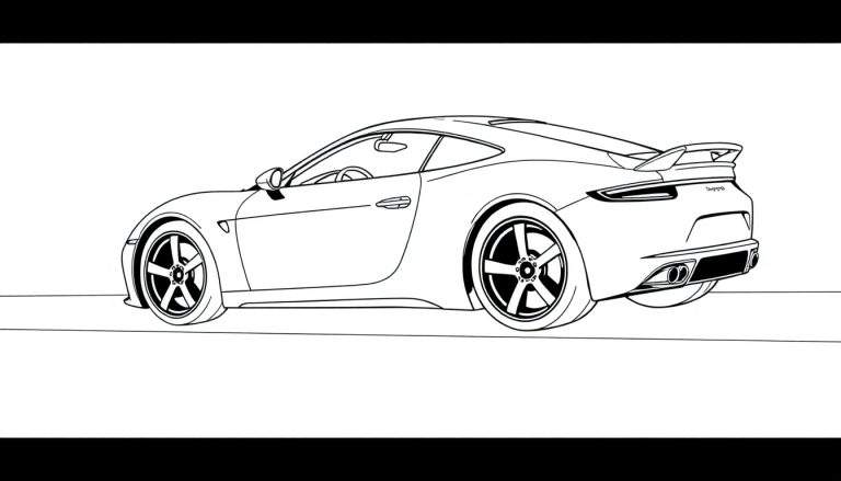 Dessin au trait d'une voiture de sport rouge vif vue de l'arrière, avec un grand aileron et des roues élégantes, prête à être coloriée sur un color panel.