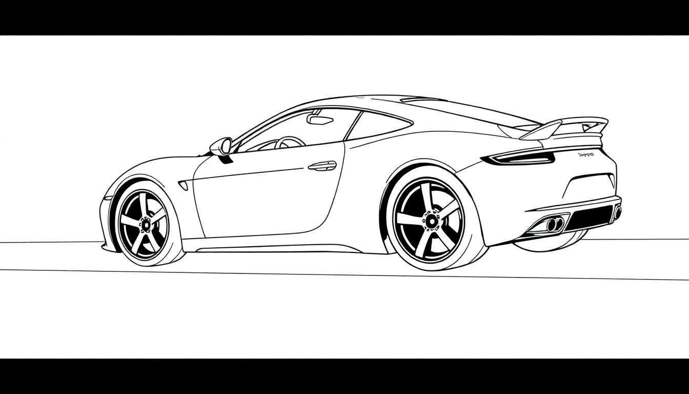 Dessin au trait d'une voiture de sport rouge vif vue de l'arrière, avec un grand aileron et des roues élégantes, prête à être coloriée sur un color panel.