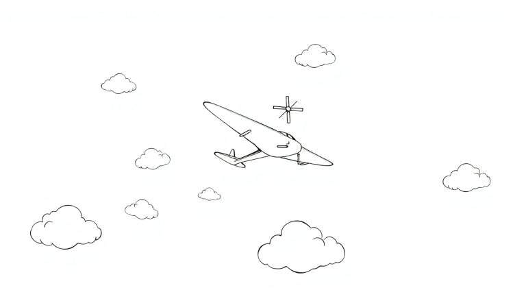 Un avion monochrome avec une hélice vole à travers des nuages dessinés.