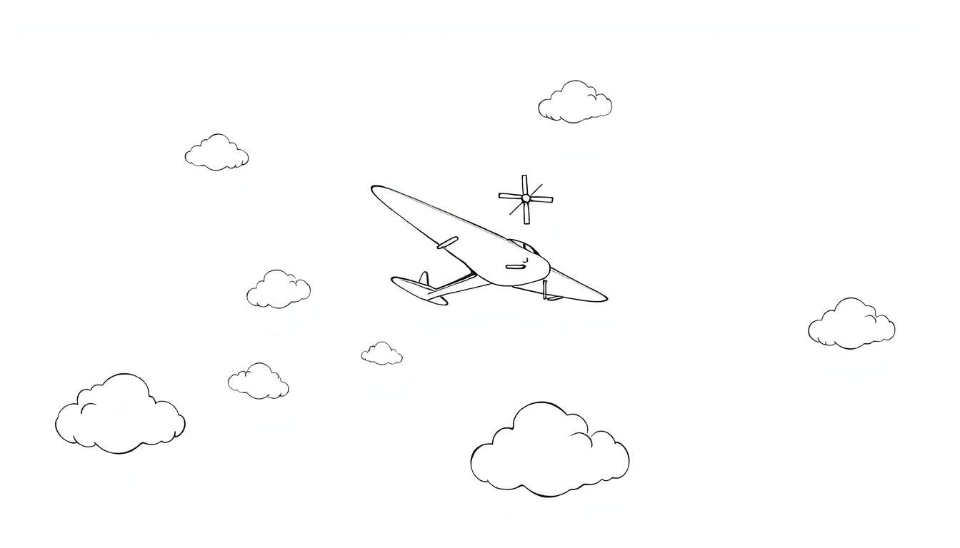 Un avion monochrome avec une hélice vole à travers des nuages dessinés.