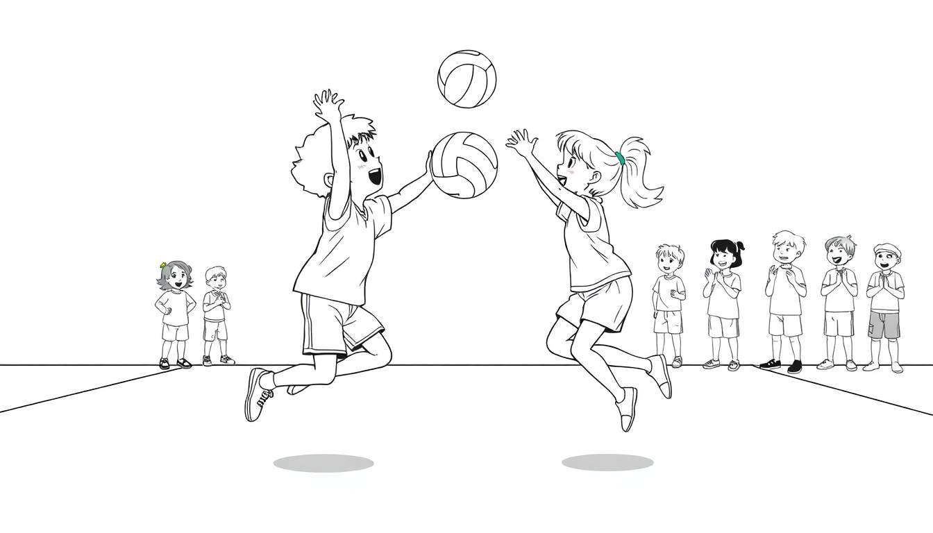 Dessin au trait en noir et blanc d'enfants jouant au volley-ball, avec des sauts et des ballons en l'air, sur un color panel.