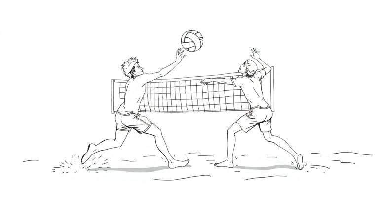 Deux enfants jouant au beach-volley, l'un frappant le ballon et l'autre bloquant.