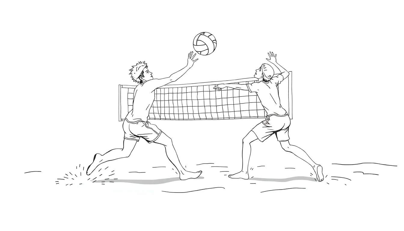 Deux enfants jouant au beach-volley, l'un frappant le ballon et l'autre bloquant.