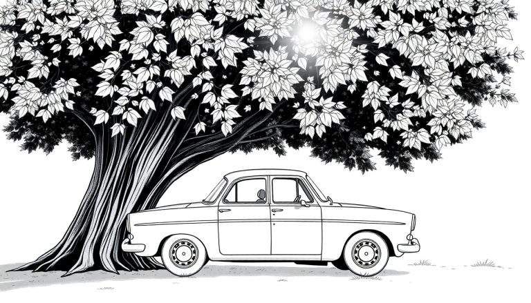 Une voiture classique Volvo garée sous un arbre en noir et blanc, avec un color panel prêt à être peint.