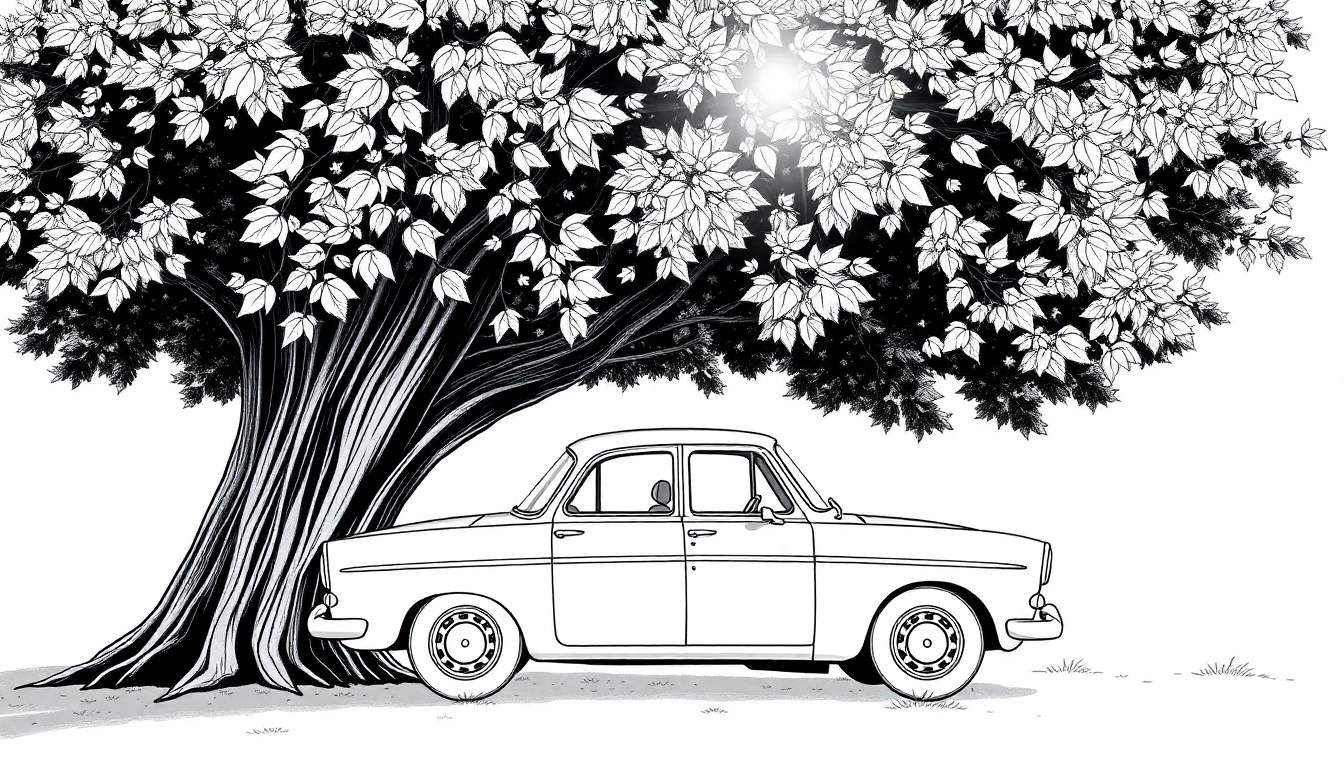 Une voiture classique Volvo garée sous un arbre en noir et blanc, avec un color panel prêt à être peint.